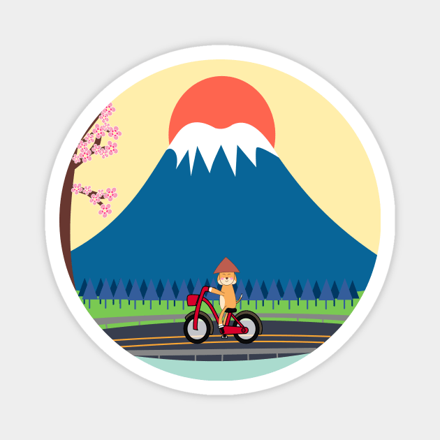 Kawaii Shiba Inu dog riding bicycle near Japanese Mt Fuji Magnet by Ralph Hovsepian